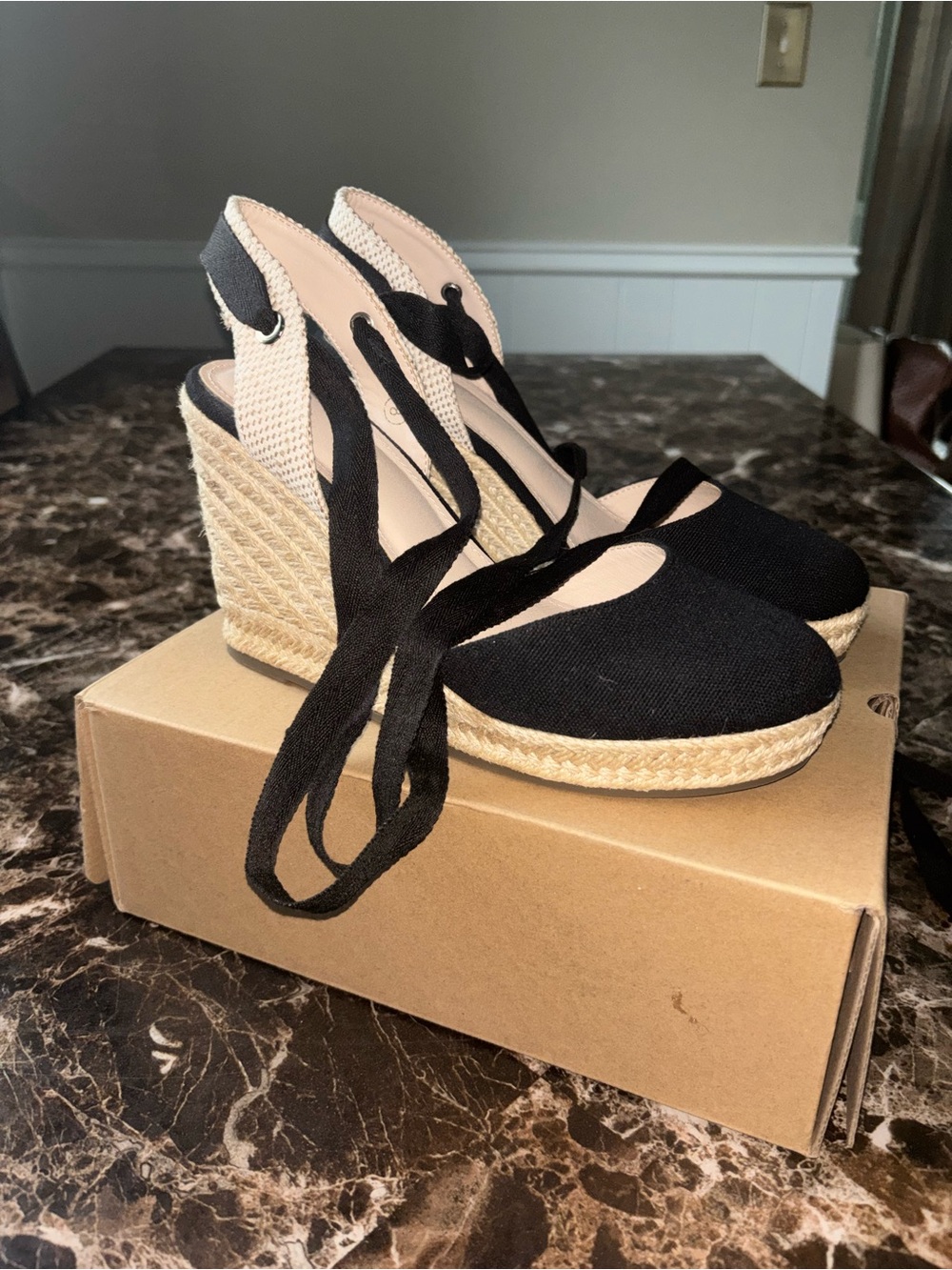 Black Espadrille Wedge Lace-Up Women's Shoes
